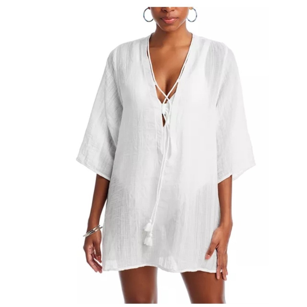 Robin Piccone Michelle Tunic Swim Cover Up White Lace Up Tassel beach vacation
